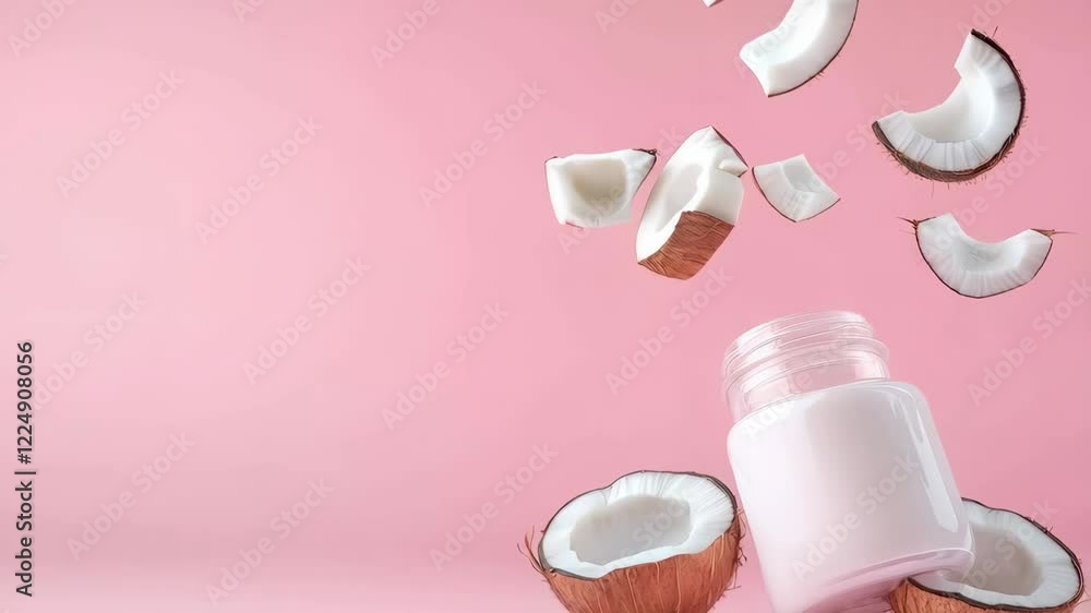 Poster coconut pieces are levitating around a jar with coconut milk on a vibrant pink background, creating 