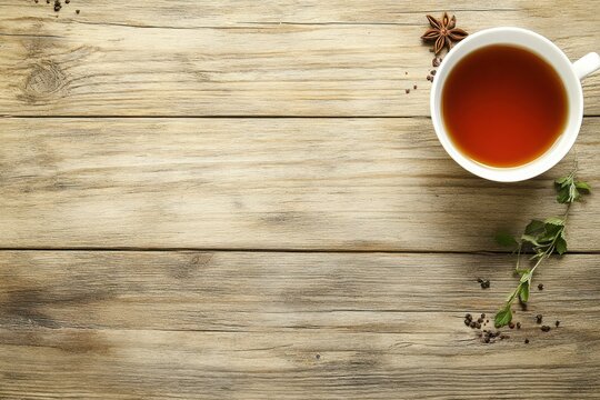 Warm Cup of Herbal Tea on Rustic Wooden Table with Natural Herbs and Spices Top View