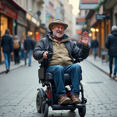 Elderly man in electric wheelchair waving on busy city street
