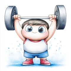 Cheerful Young Boy Weightlifting Cartoon Illustration
