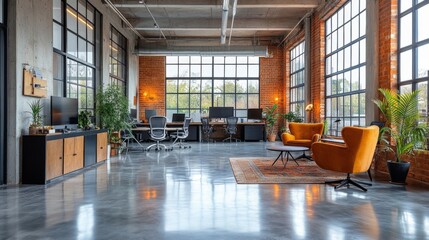 Bright and airy office space with large windows letting in natural light. Plants are placed throughout, and comfortable seating invites relaxation in a tranquil work atmosphere.