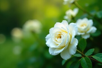 Snow-white rose blossoms clustered on a vibrant green bush , pure, photography, green leaves