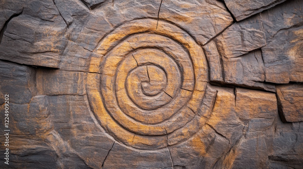 Poster a zoomed-in view of an ancient petroglyph, with intricate lines and symbols carved deeply into the r