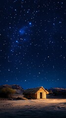 Beneath a vast expanse of stars, a rustic hut stands surrounded by sweeping sand dunes. The tranquility of the desert at night invites contemplation and wonder, illuminated softly