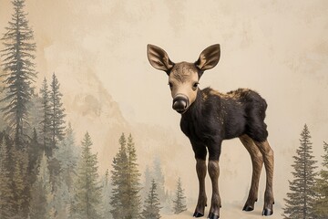 Realistic depiction of a young moose standing amidst a serene forest backdrop with soft colors