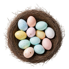 isolated pastel colours easter eggs in a nest