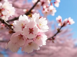 Obraz premium Cherry Blossom Delights: Close-up view of delicate, soft pink and white cherry blossoms in full bloom, their petals gleaming in the sunlight against a vibrant blue sky.