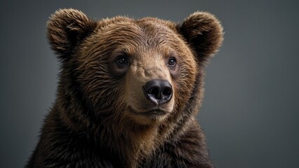 Brown bear close-up studio portrait on grey background. Bear cub