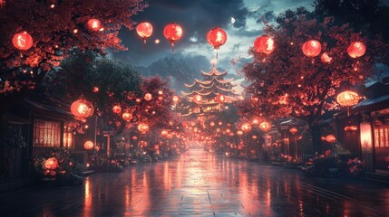Fototapeta premium A Serene, Rain-Slicked Asian Street At Night, Glowing With Red Lanterns Hanging From Blossoming Trees. A Beautiful Temple Stands In The Distance.