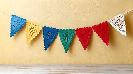 Colorful paper bunting flags hanging against a yellow wall.