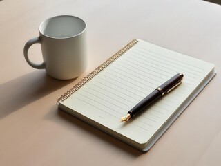 Awaiting Inspiration: A  stylish fountain pen rests gracefully atop a lined notebook, poised for the next creative thought. A simple white mug adds a touch of understated elegance.