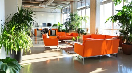 Modern open office space featuring sleek orange furniture and abundant natural light with many green plants