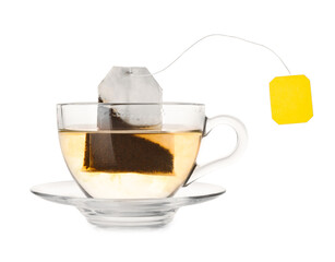Brewing aromatic tea. Cup with teabag isolated on white