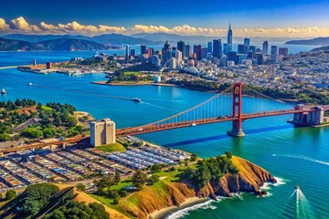 Obraz premium San Francisco Aerial Panorama: Cityscape View from Alcatraz Island, Golden Gate Bridge, Bay Bridge