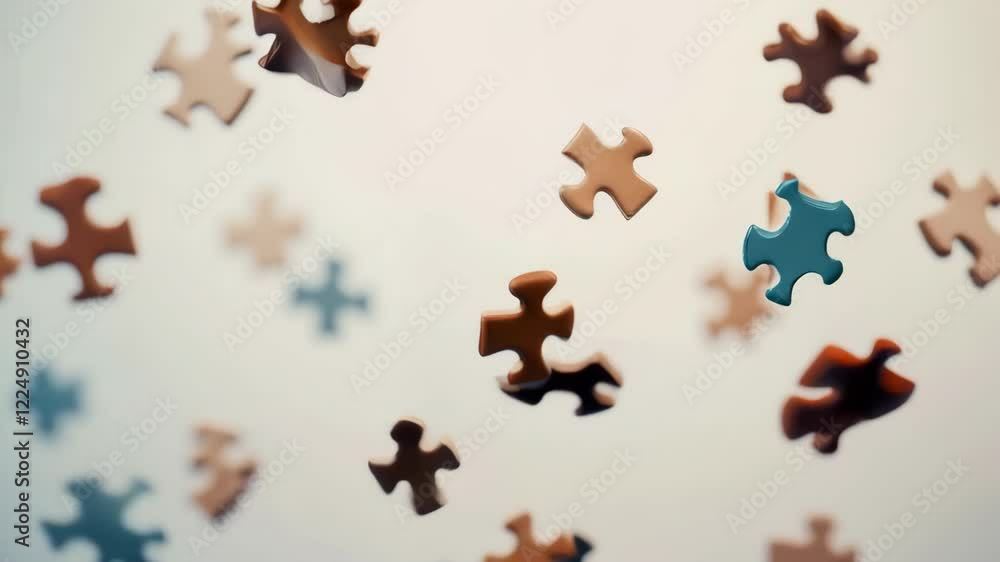Poster levitating puzzle pieces against a light gray background evoke a sense of intrigue and mystery, high