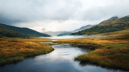 Fototapeta premium Misty river valley under cloudy skies showcases the beauty of nature and tranquility in a remote landscape. Generative AI