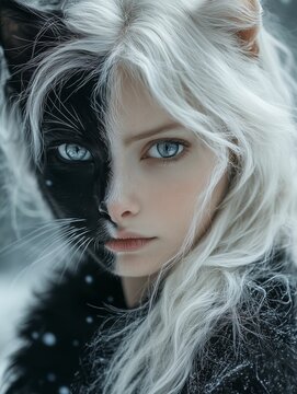 Artistic Half-Human, Half-Cat Makeup Design