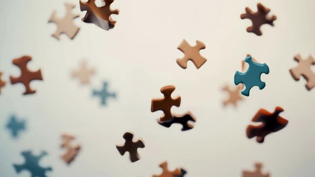 Levitating puzzle pieces against a light gray background evoke a sense of intrigue and mystery, highlighting themes of problem solving and the pursuit of solutions