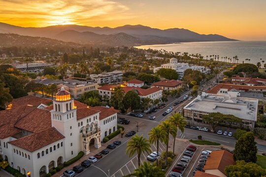 Santa Barbara Sunset: Aerial Drone View of Downtown Cityscape