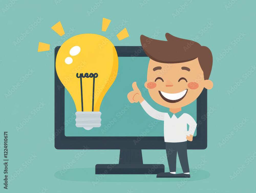 Poster cheerful character smiling and pointing at light bulb on computer screen, symbolizing creativity and