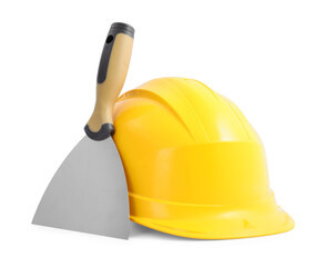Hardhat and putty knife isolated on white. Construction tool