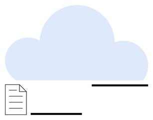 Cloud silhouette with a document icon and connecting lines. Ideal for cloud computing, data storage, digital organization, file sharing, tech infrastructure, information flow, abstract line flat