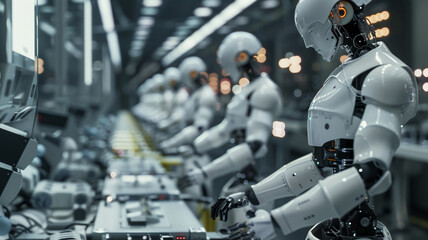 Fototapeta premium A robotics assembly line where humanoid robots are meticulously assembled and tested. Automated systems and human oversight ensure each robot functions perfectly, representing the forefront 