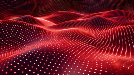 Abstract digital landscape with red glowing dots and wavy patterns.