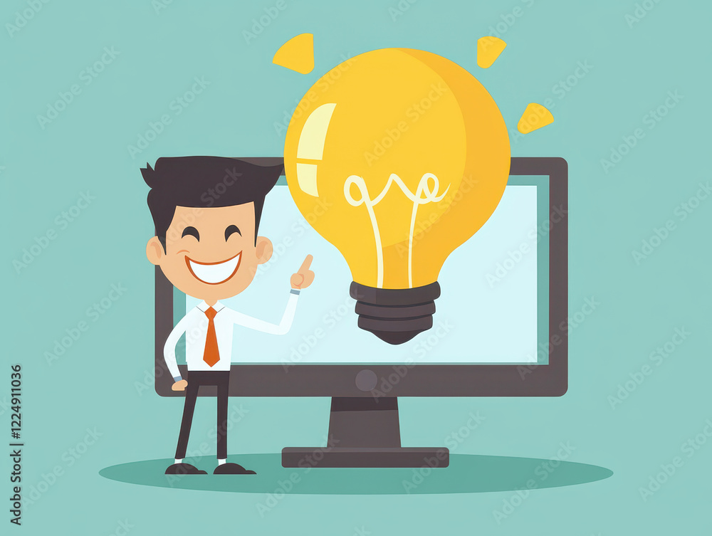 Poster cheerful character pointing at light bulb on computer screen, symbolizing ideas and innovation. this