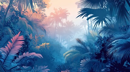 Lush tropical forest at dawn with vibrant foliage and misty atmosphere, evoking tranquility