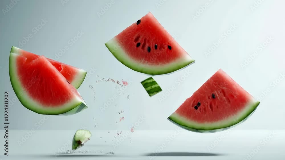Aufkleber Four slices of watermelon and a watermelon cube are levitating and splashing water drops on a light background, creating a refreshing and summery atmosphere