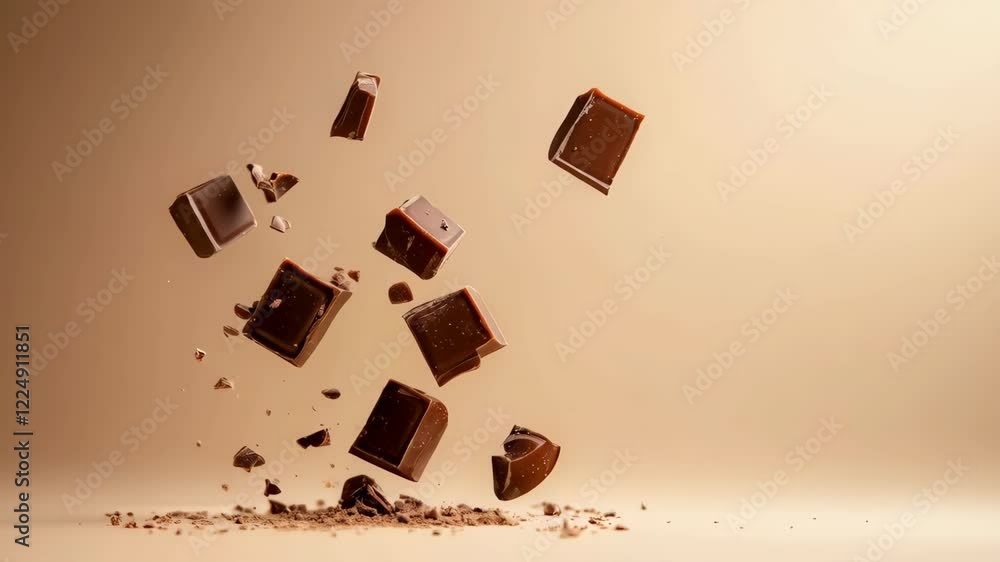 Aufkleber several chocolate bar pieces are levitating, breaking apart, and scattering crumbs on a brown surfac
