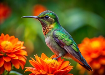 Naklejka premium Scintillant Hummingbird on Orange Flower - Vibrant Nature Stock Photo