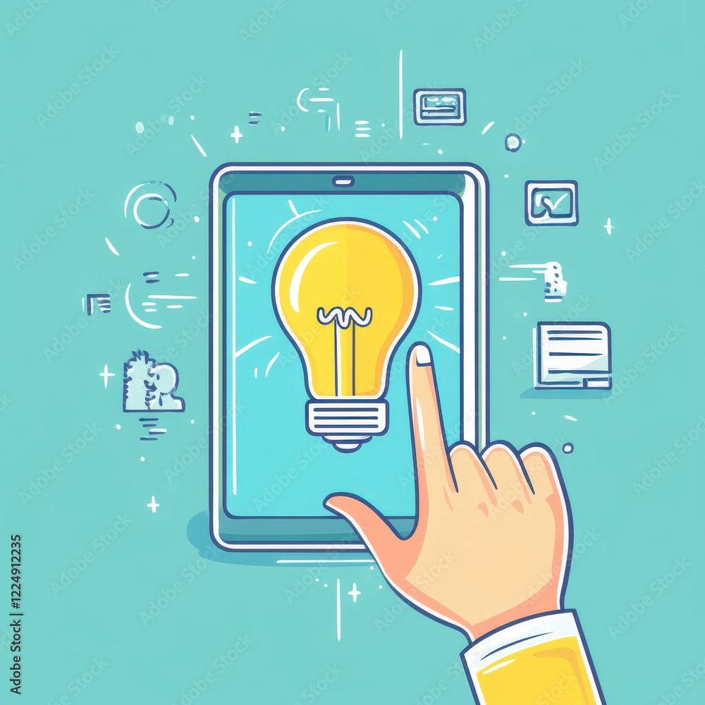 Poster hand tapping touch screen displaying light bulb, symbolizing ideas and innovation. background featur
