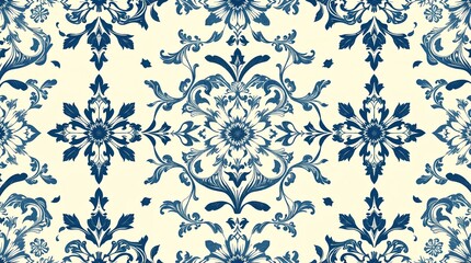 Elegant Blue and White Floral Damask Pattern, Vintage Ornamental Design for Textiles and Wallpapers