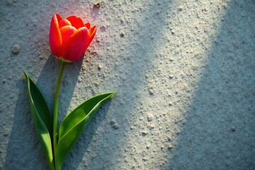 Tulip in bloom on gray concrete ground with shadows, color, tulip