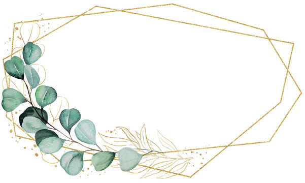 Golden frame with green watercolor eucalyptus leaves, isolated wedding illustration, copy space