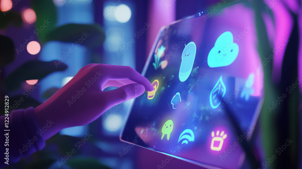 Poster hand interacting with colorful touch screen displaying friendly icons, surrounded by soft lighting a