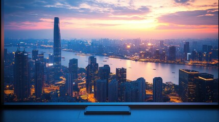 Stunning Panoramic View of City Skyline at Sunset