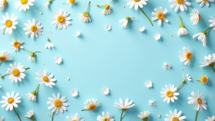 A delightful arrangement of daisies forming a delicate frame on a serene pastel blue backdrop