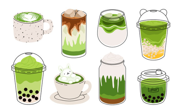 Set of Japan matcha latte. Collection of matcha drinks with latte art heart, leaf, bear, rabbit. Green iced matcha latte in various cups. Vector Illustration, flat cartoon Icons.