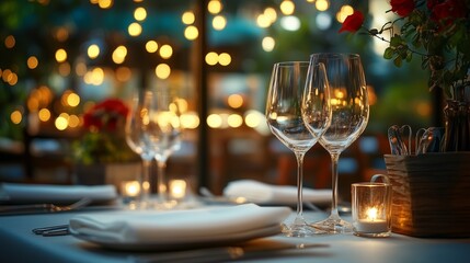 A restaurant interior with cozy lighting and elegantly set tables