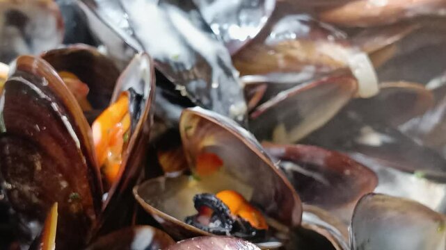 moules cuisin&eacute;s &agrave; la cr&egrave;me, en gros plan.