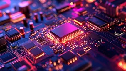 Fototapeta premium Close-up of a circuit board with glowing components. Illustrates technology, innovation, and computing power.