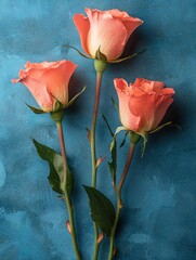 Three elegant peach roses on textured blue background floral arrangement still life