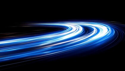 Fototapeta premium Electric Blue Light Streaks On A Curved Road, Dynamic Car Light Trails, Night Photography