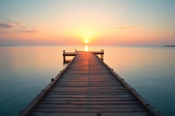 Obraz premium A wooden pier stretching into calm, clear waters under a glowing sunset.