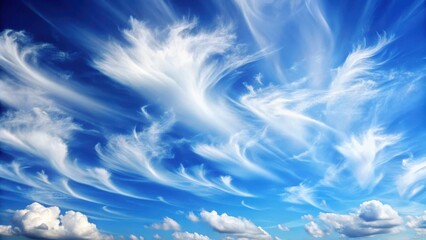 Soft white clouds drifting lazily across a bright blue sky with a few wispy tendrils stretching out from the horizon , fluffy clouds, airy atmosphere