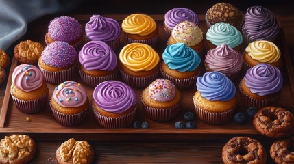 A bakery promotional ad featuring colorful cupcakes and cookies on a wooden tray 