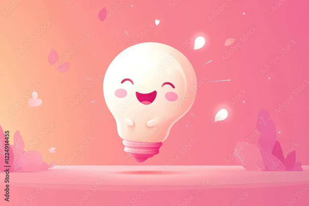 Poster cheerful light bulb character with smiling face floats against pink gradient background, surrounded 